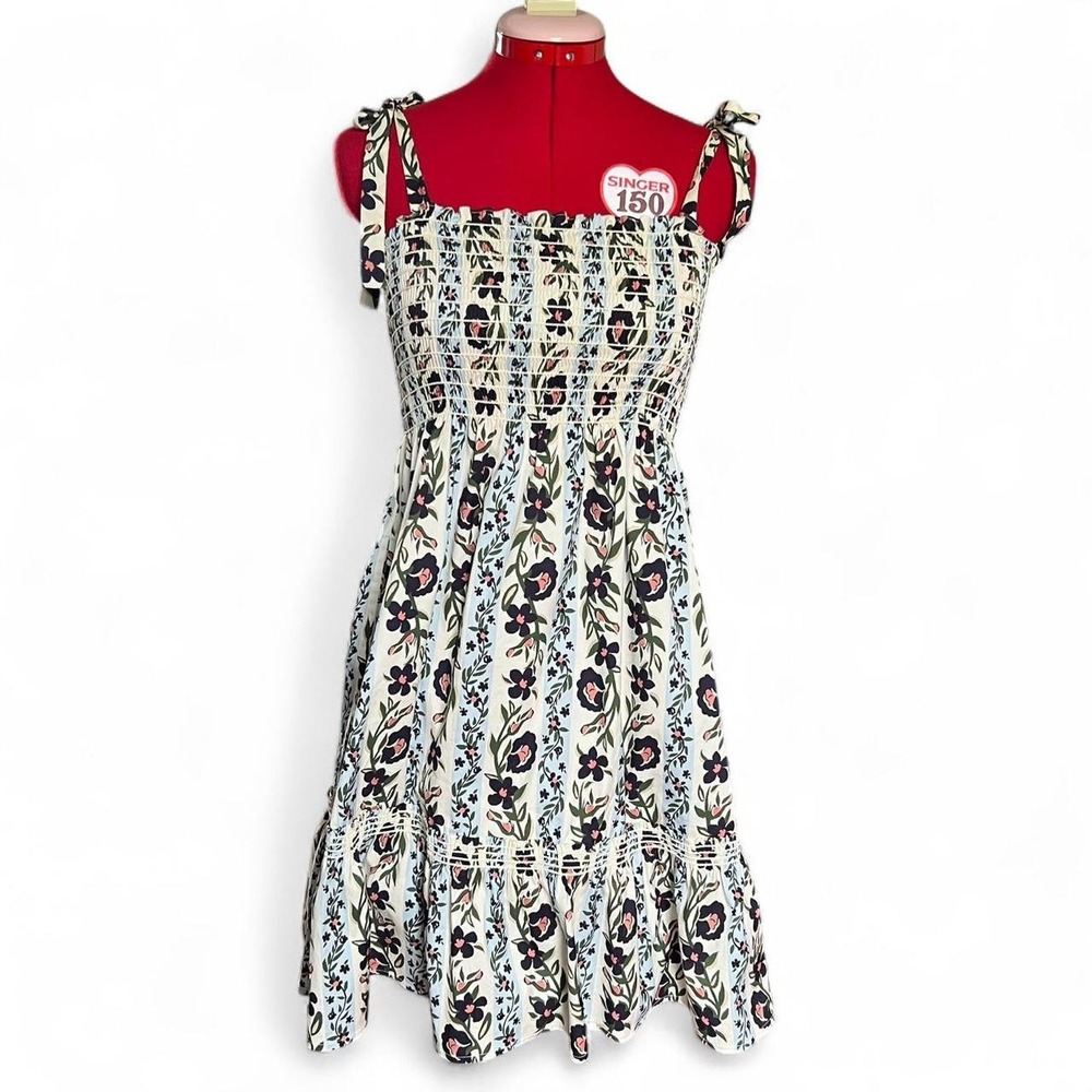 Tory Burch Sleeveless Floral Print Cotton Tiered Dress Tie Straps Size Small